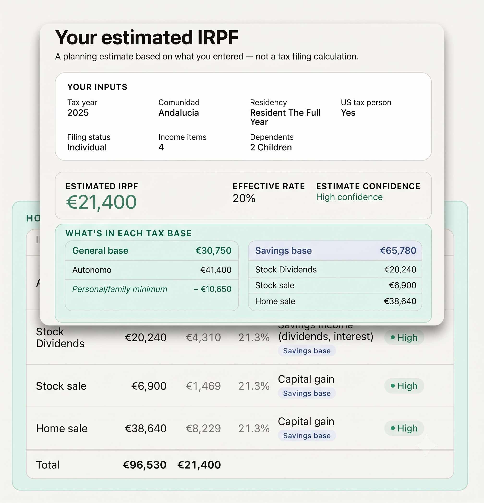 Sample IRPF calculator result showing income classification, tax base breakdown, and confidence levels